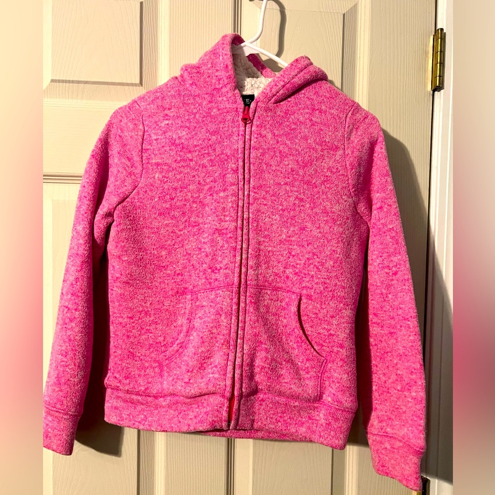 Place pink cozy hooded zip up sweater size L (10/12)